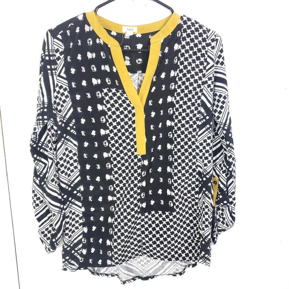Tiny Top Womens M V Neck Roll Tab Sleeve Abstract Corpcore Office Workwear